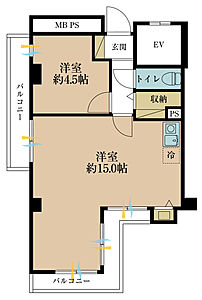 間取り:1LDK、専有面積43.14m2、バルコニー面積9.48m2 間取り:1LDK、専有面積43.14m2、バルコニー面積9.48m2
