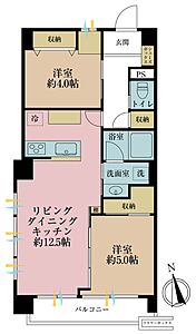 間取り:2LDK、専有面積51.01m2、バルコニー面積4.5m2 間取り:2LDK、専有面積51.01m2、バルコニー面積4.5m2