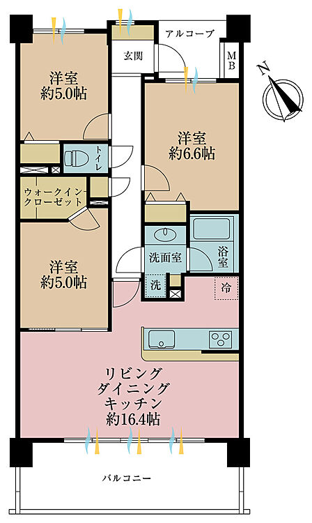 3LDK、専有面積73.83m2、バルコニー面積13m2