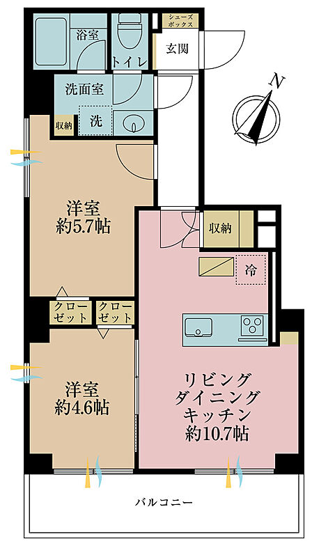 2LDK、専有面積48.73m2、バルコニー面積7.26m2