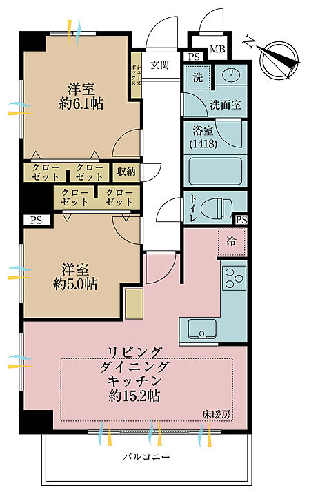 2DK、専有面積62.04m2、バルコニー面積6.69m2