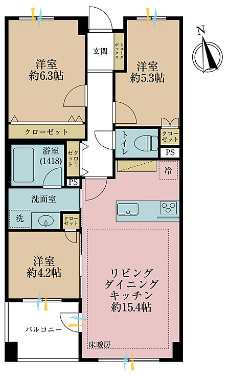 3LDK、専有面積65.76m2、バルコニー面積5m2