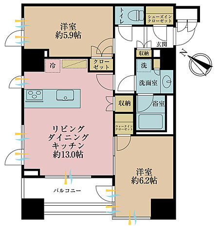 2LDK、専有面積57.05m2、バルコニー面積7.69m2