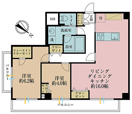 2LDK、専有面積63m2、バルコニー面積11.8m2