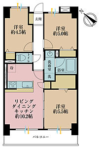 間取り：3LDK、専有面積57.74m2、バルコニー面積7.2m2