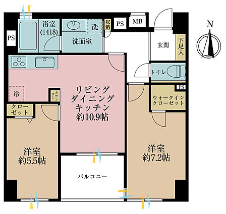 2LDK、専有面積55.5m2、バルコニー面積5.4m2