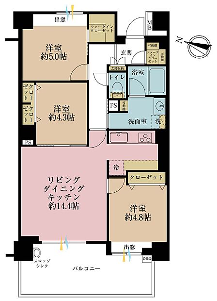 3LDK、専有面積69.35m2、バルコニー面積10.19m2