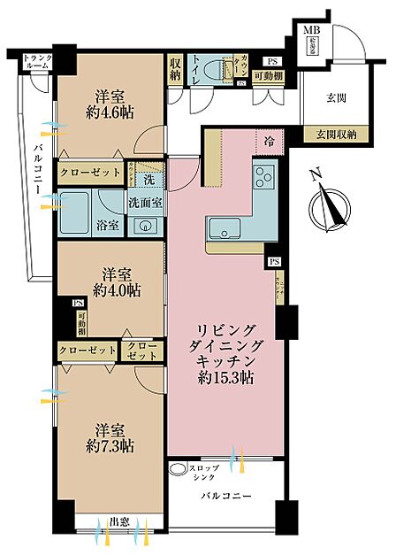 3LDK、専有面積72.68m2、バルコニー面積9.62m2