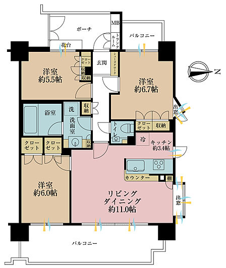 3LDK、専有面積72.53m2、バルコニー面積18m2