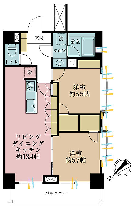 2LDK、専有面積57.88m2、バルコニー面積8.67m2