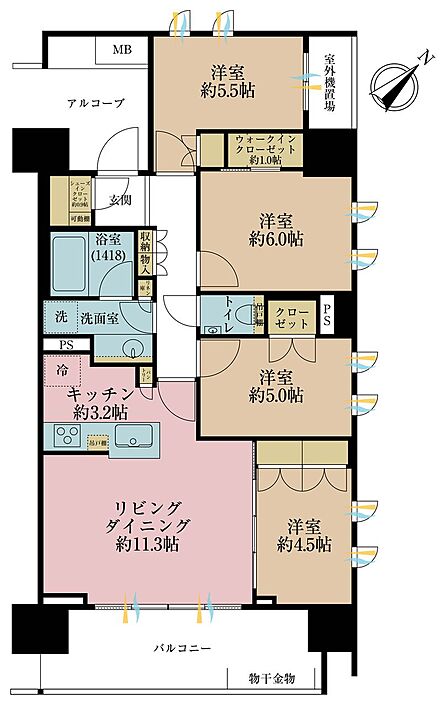 4LDK、専有面積80.16m2、バルコニー面積11.34m2