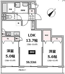 都営新宿線 船堀駅 徒歩10分の賃貸マンション 2階2LDKの間取り