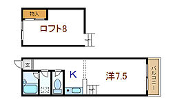 月光荘2号館 1Kの間取図画像