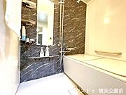 浴室はシックなつくり。浴槽には手すりがあり、浴槽から立ち上がるのを助けます。