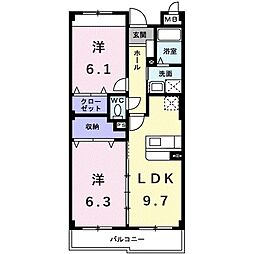 インヴィテ・ボヌール2番館 2DKの間取図画像