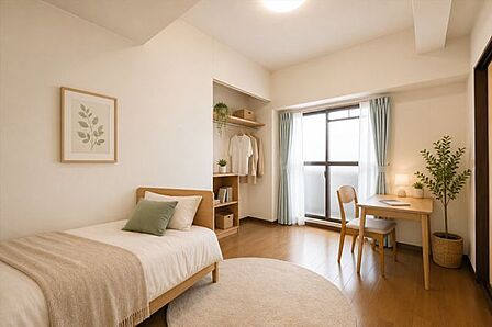 バルコニーに面したお部屋です。お天気のいい日にはたっぷりと陽を取り込むことができ、ベッドの上のお布団もふかふかになりそうですね。