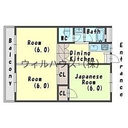 北野田マンション巽B棟 3DKの間取図画像
