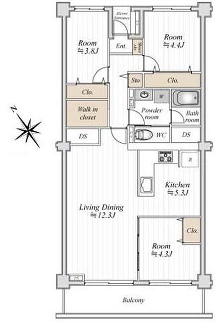 【間取り図】3LDK、専有面積72.38m2、バルコニー面積9.00m2