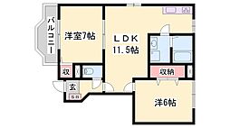 クレストール上野田B棟 2LDKの間取図画像
