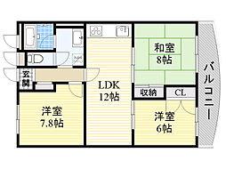 アパルトマン北千里 3LDKの間取図画像