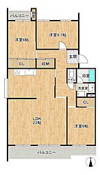 洛西境谷西第2住宅14棟 3LDKの間取図画像