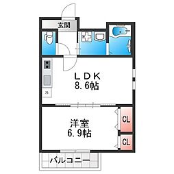 フジパレス俊徳道III番館 2階1LDKの間取り