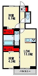ENG町上津役 2LDKの間取図画像