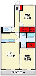 ヴァンヴェール須崎 2LDKの間取図画像