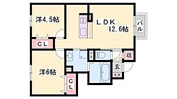セジュール加佐A 2LDKの間取図画像