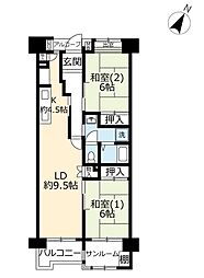 UR都市機構ビューコート仏向1-1号棟 2LDKの間取図画像