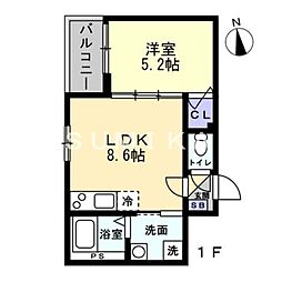 JR宇野線 大元駅 徒歩14分の賃貸アパート 1階1LDKの間取り