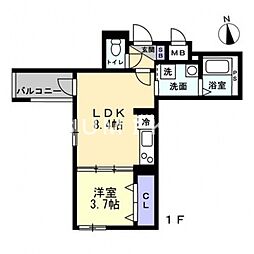 JR宇野線 大元駅 徒歩14分の賃貸アパート 1階1LDKの間取り