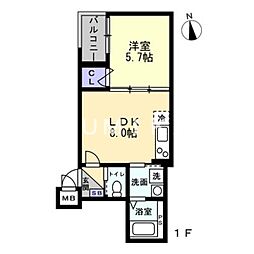 JR宇野線 大元駅 徒歩14分の賃貸アパート 2階1LDKの間取り
