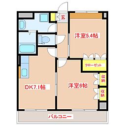 グランディール・みやざき 2DKの間取図画像