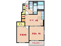 デーアA棟 2DKの間取図画像