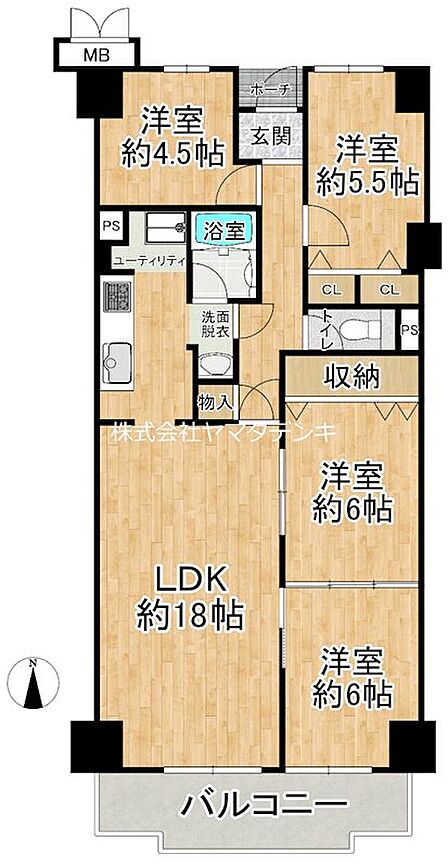 LDK約18帖の広々とした空間が魅力的な3LDK。全居室収納付きで、すっきりとした暮らしが叶います。各洋室が独立しているので、プライバシーも確保しやすい間取りです。