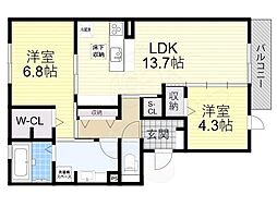 セクレール北本町A 2LDKの間取図画像