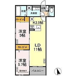 仙台市青葉区小田原8丁目アパート 2LDKの間取図画像