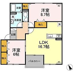 リバーサイドシャトーA 2LDKの間取図画像
