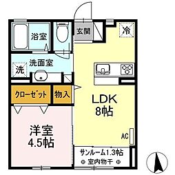 ティエドールB 1LDKの間取図画像