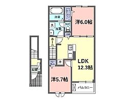 サニーセトル拾弐号館 2階2LDKの間取り