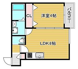 セレニティ勝山北 2階1LDKの間取り