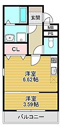 クローバーシエル初芝 1DKの間取図画像