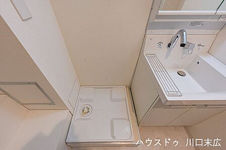 お手入れのしやすさに配慮された洗面ボウル。ウェットエリアとドライエリアが設けられており、石鹸やコップの一時置きにも便利な機能的なデザインです。