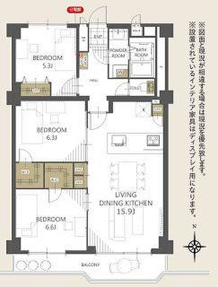 3LDK＋2WICの収納豊富な間取り。約15.9帖のLDKは南向きで明るく、対面キッチン採用です。