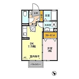 フラワーリングB棟 1DKの間取図画像