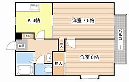 サニーウェルC棟 2Kの間取図画像