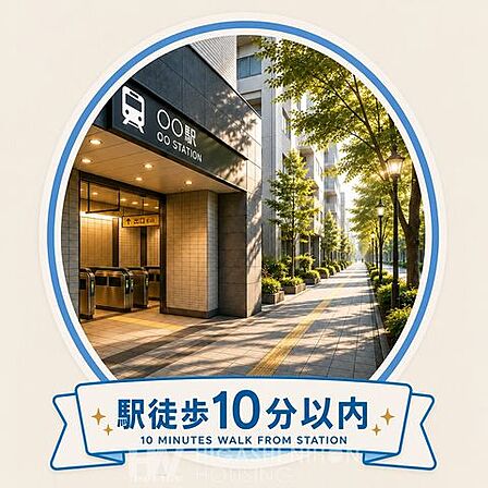 最寄り駅まで徒歩10分以内の便利な立地。毎日の通勤・通学はもちろん、お買い物や休日のお出かけにも快適な住環境です。※掲載画像はイメージであり、実際の設備・仕様・形状とは異なる場合があります。