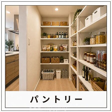 食品や飲料、調理器具などをまとめて収納できるパントリー付き。キッチンをすっきり保ち、毎日の家事効率を高めてくれます。※掲載画像はイメージであり、実際の設備・仕様・形状とは異なる場合があります。