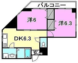リューレント朝生田 2DKの間取図画像